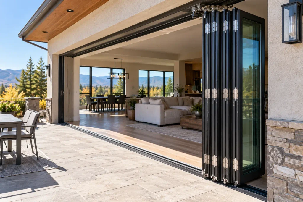 A wide bifold glass door with multiple panels folded and stacked open, showing the hinges and track hardware.