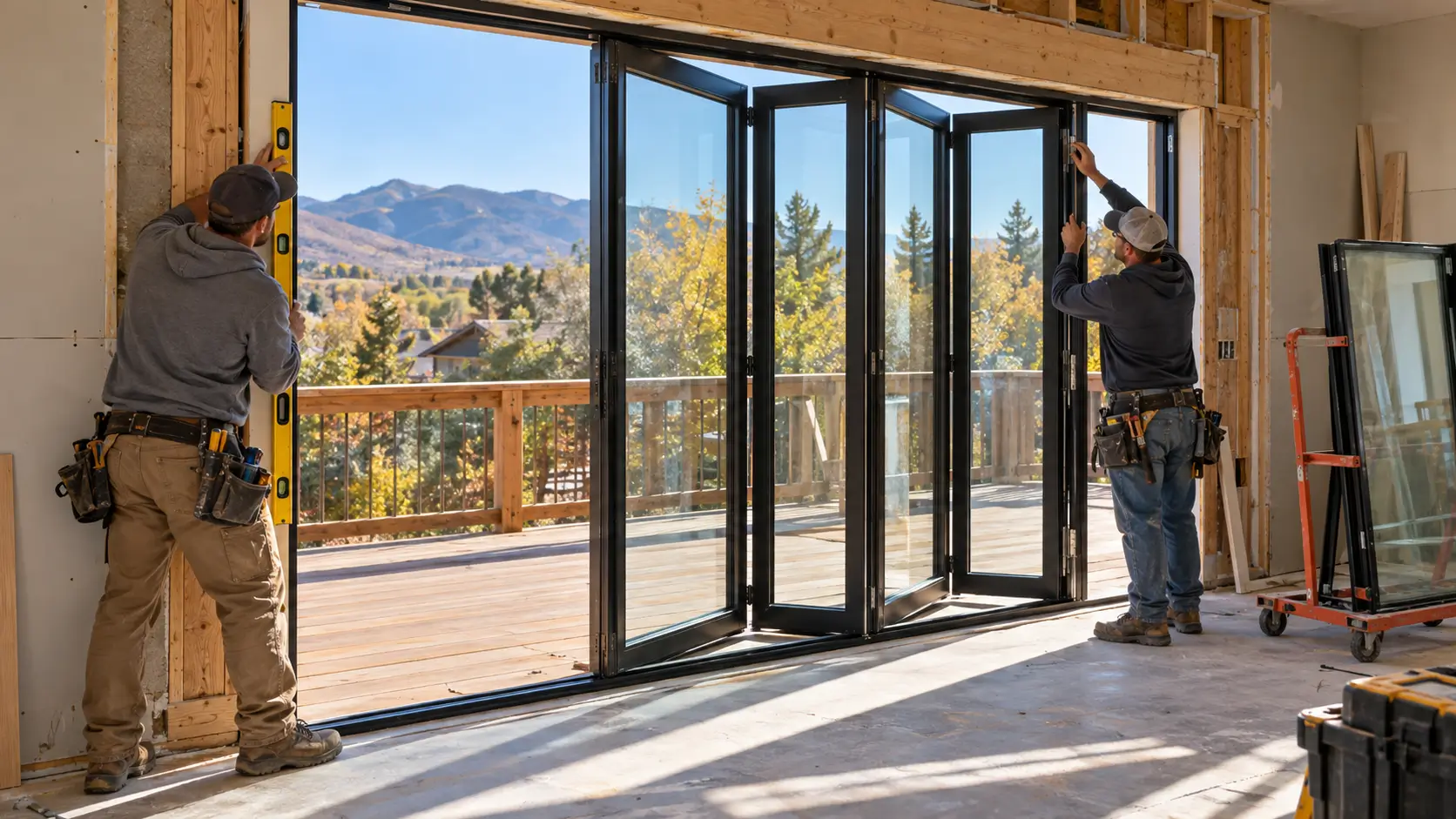Two contractors installing a wide bifold glass patio door into a home's exterior wall opening.