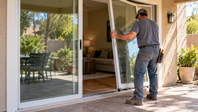 A contractor lifting a sliding glass door panel out of its track to replace worn rollers.