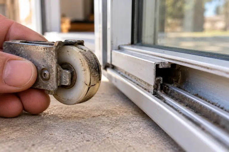 A worn sliding glass door roller wheel showing a flat spot and cracked plastic.

