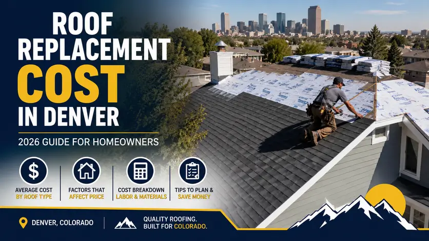 Roofing contractor installing asphalt shingles on a Denver home with the city skyline and a blog graphic about roof replacement costs in Denver.