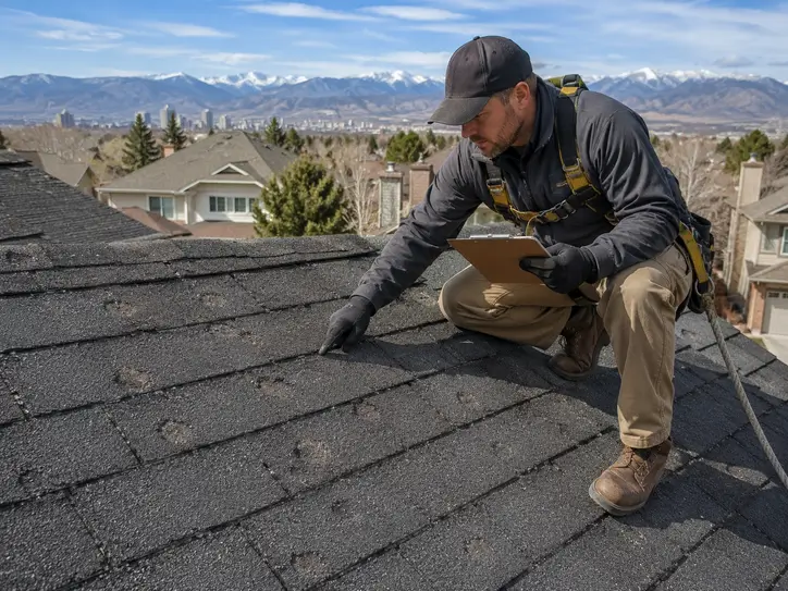 Roofing contractor inspecting hail-damaged asphalt shingles on a Denver, Colorado home with the Rocky Mountains in the background.