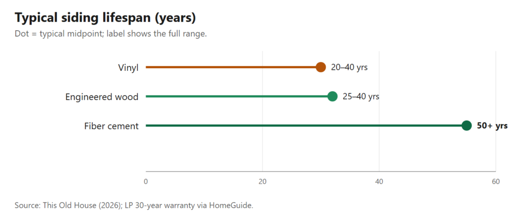 Fiber cement's 50-plus-year lifespan is the longest of the three, well past vinyl and engineered wood.