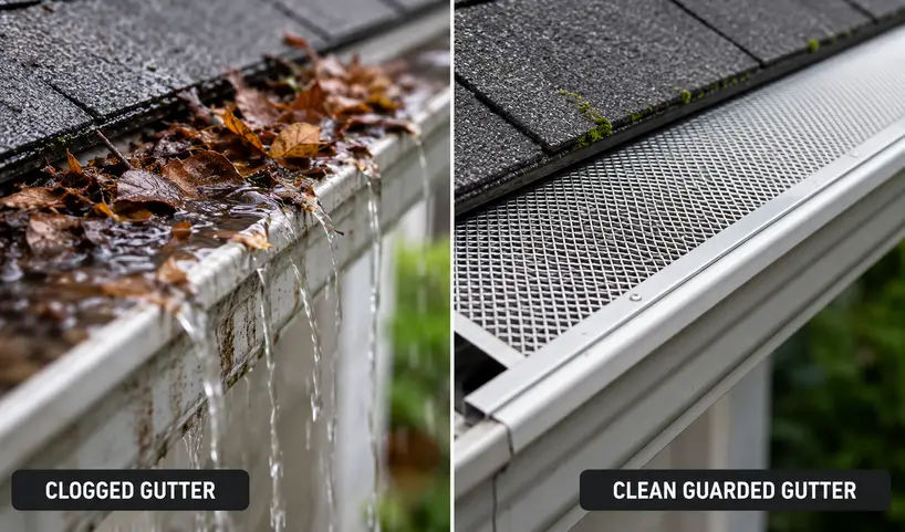 Side-by-side close-up of an overflowing gutter clogged with leaves compared to a clean gutter protected by a micro-mesh gutter guard.