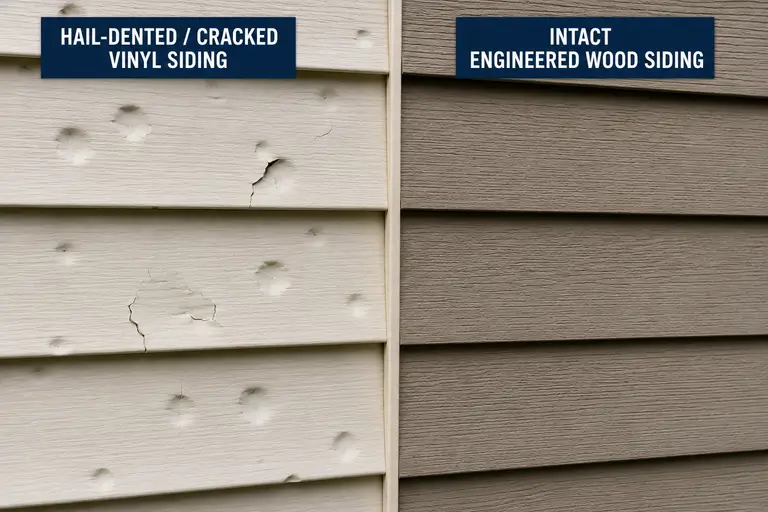 Side-by-side close-up comparing hail-dented and cracked vinyl siding with undamaged engineered wood siding, illustrating the difference in impact resistance and appearance.