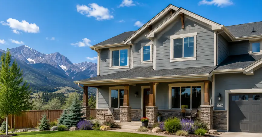 Colorado home with gray fiber-cement lap siding, stone accents, and mountain views beneath a bright blue sky.