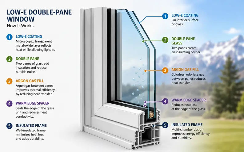 Cutaway diagram of a Low-E double-pane window showing two glass panes, a Low-E coating, argon gas fill, warm-edge spacer, and insulated frame with labeled energy-efficient components.