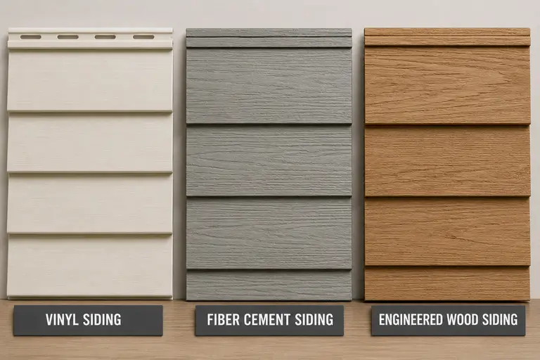 Three siding samples displayed side by side and labeled Vinyl Siding, Fiber Cement Siding, and Engineered Wood Siding to compare their appearance and texture.