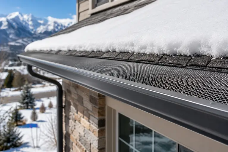 Close-up of clean residential gutters fitted with a micro-mesh gutter guard beneath a snow-covered roof on a winter day.