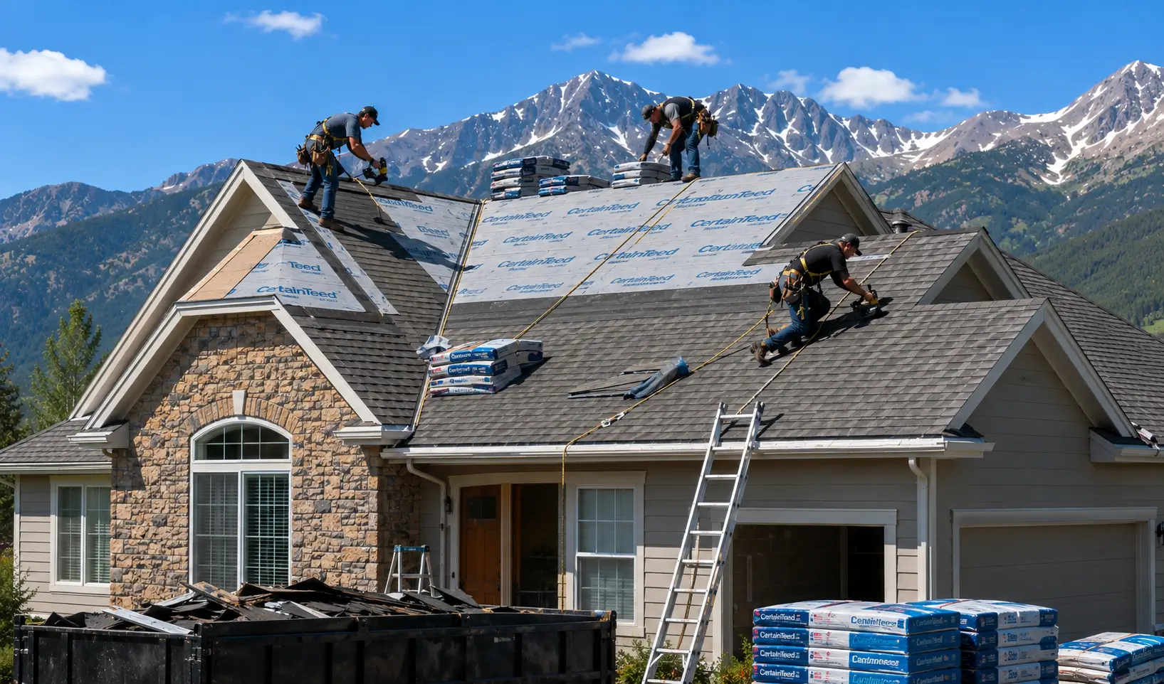 Roofing crew replacing asphalt shingles on a Colorado home with the Rocky Mountains in the background.