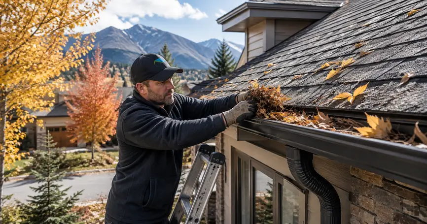 Homeowner cleaning autumn leaves from the gutters of a Colorado home.