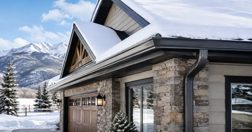 Snow-covered Colorado home with clean gutters and downspouts prepared for winter.