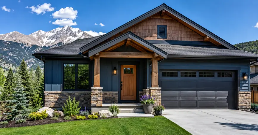 Freshly updated Colorado home exterior with new siding, a wood front door, stone accents, and mountain views in the background.