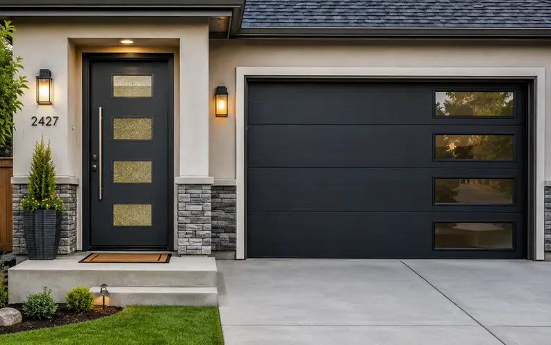 New black steel entry door and matching modern garage door installed on a clean, well-maintained home exterior.