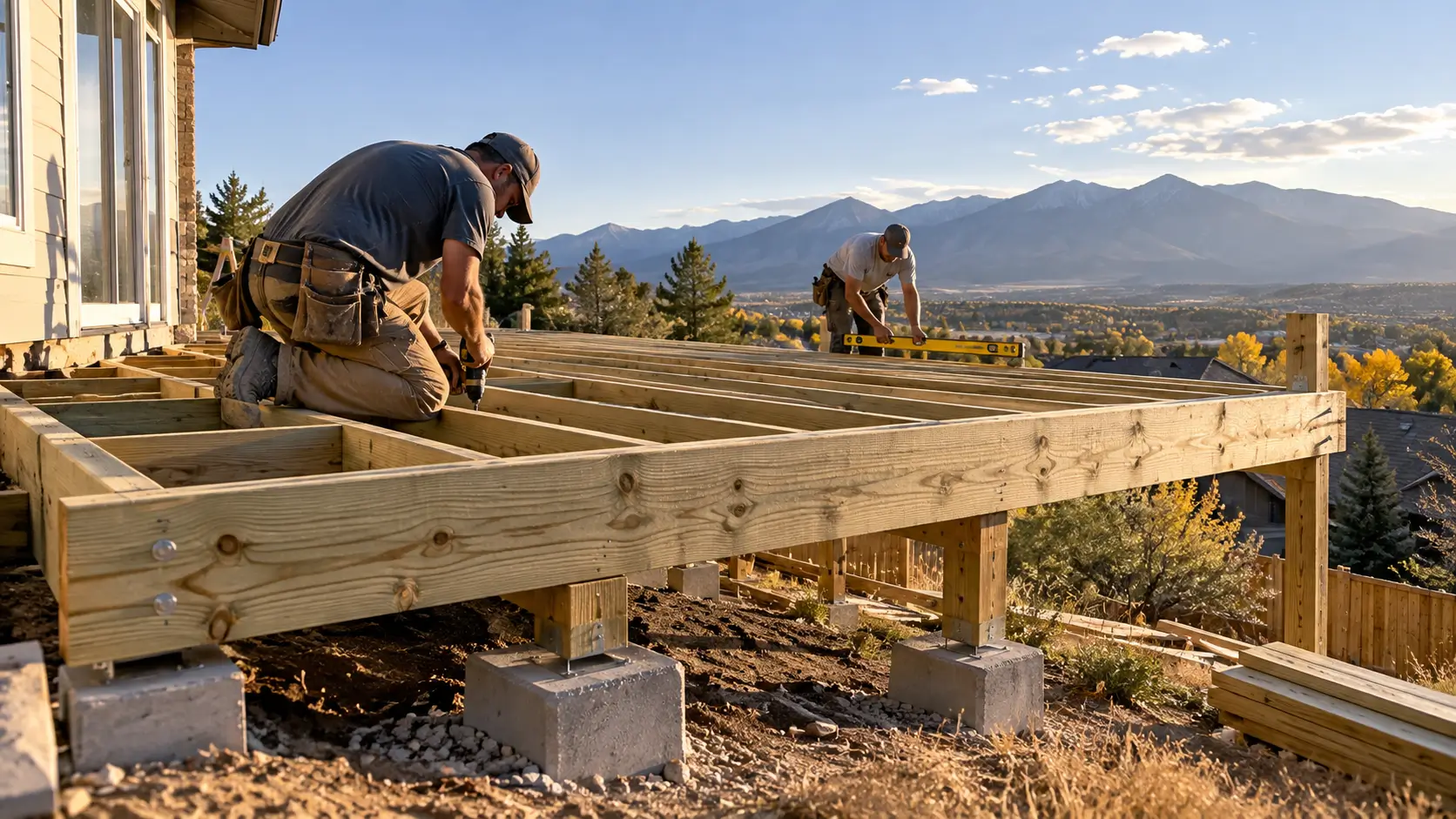 A construction crew builds a raised wood deck frame with footings and joists on a sloped backyard lot.