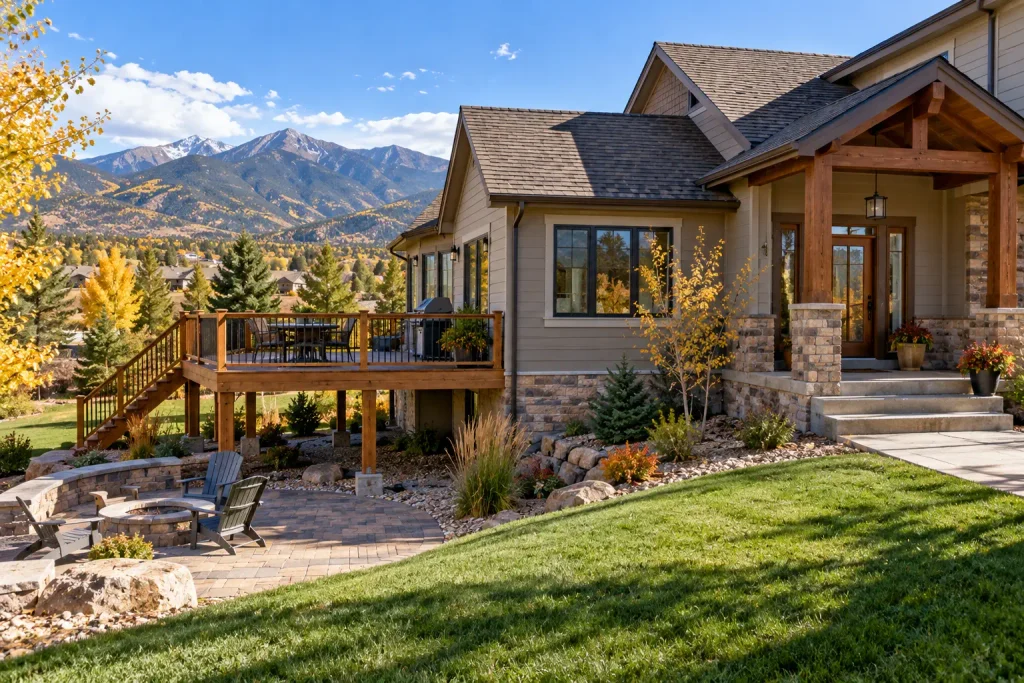 A home shows a raised wood deck, a ground-level paver patio and a roofed entry porch as three distinct outdoor structures.