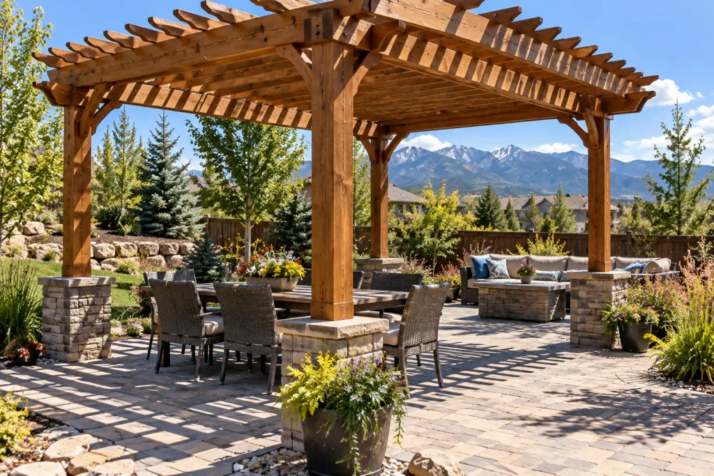 A wooden pergola over a paver patio casts dappled shade across the outdoor seating area.