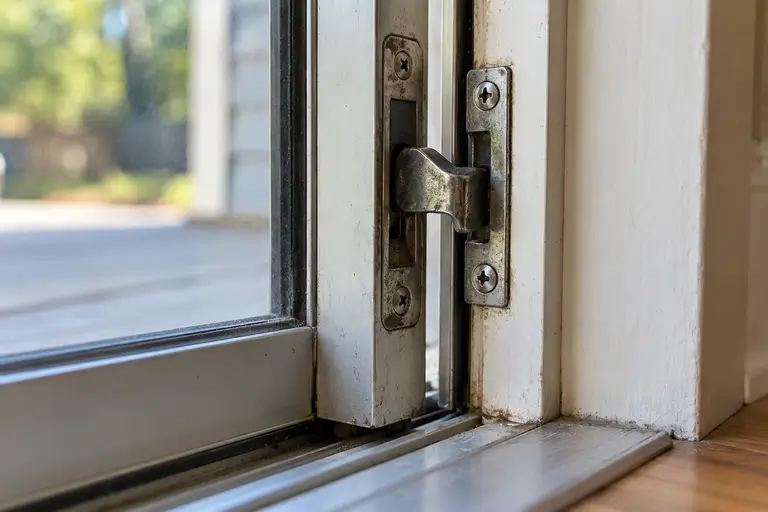 Close-up of a sliding patio door's single hook latch and keeper plate, showing shallow engagement and short screws.
