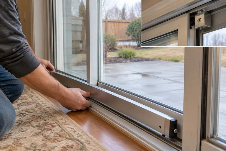 Hands installing a security bar and anti-lift block into the track of an existing sliding glass patio door.