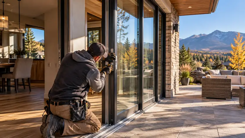 A contractor installing multipoint lock hardware into the frame of a glass patio door.