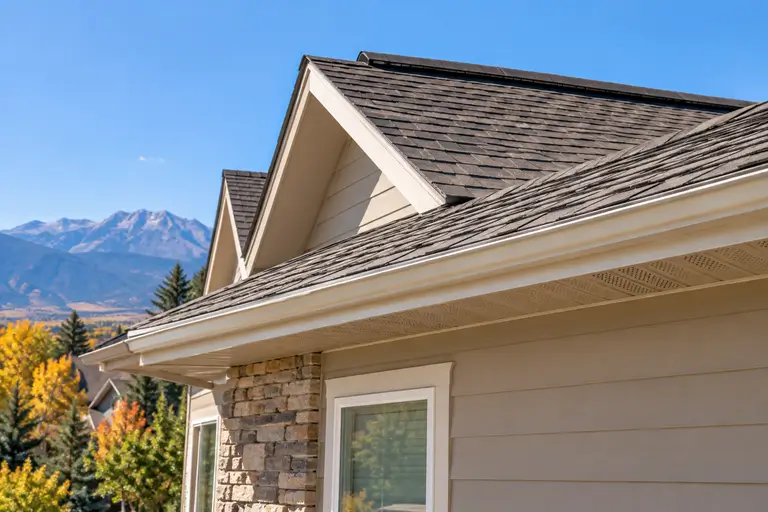 A home's roofline shows a ridge exhaust vent paired with a soffit intake vent at the eave, illustrating balanced attic ventilation.
