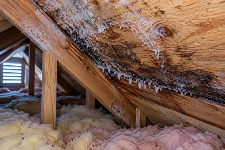 Frost and dark staining visible on attic roof sheathing near the eave, indicating poor soffit ventilation.
