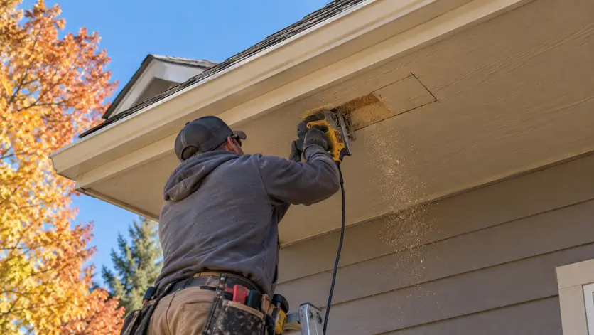 A contractor cuts a vent opening into a home's soffit at the roof eave.