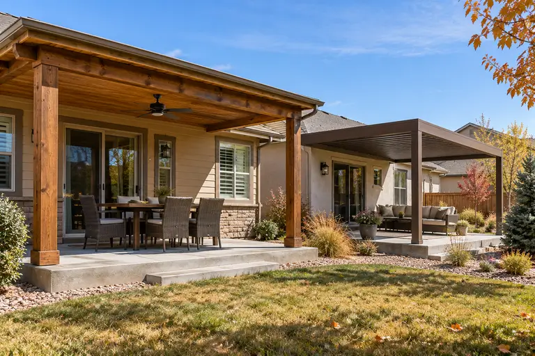 A wood-framed patio cover shown beside an aluminum patio cover with a wood-grain finish on two Denver homes.