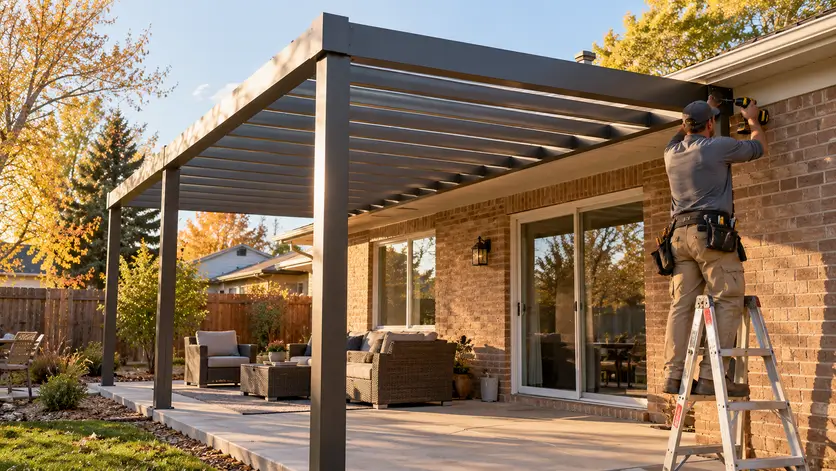 A crew member installs the final beam on a patio cover frame attached to a house in a Denver backyard.